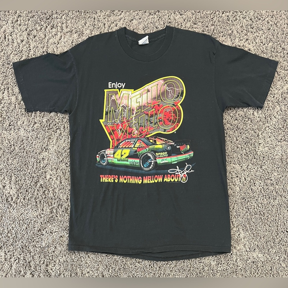 Vintage 1992 NASCAR Kyle Petty #42 Mellow Yellow T-Shirt Size XL Black Cal Cru